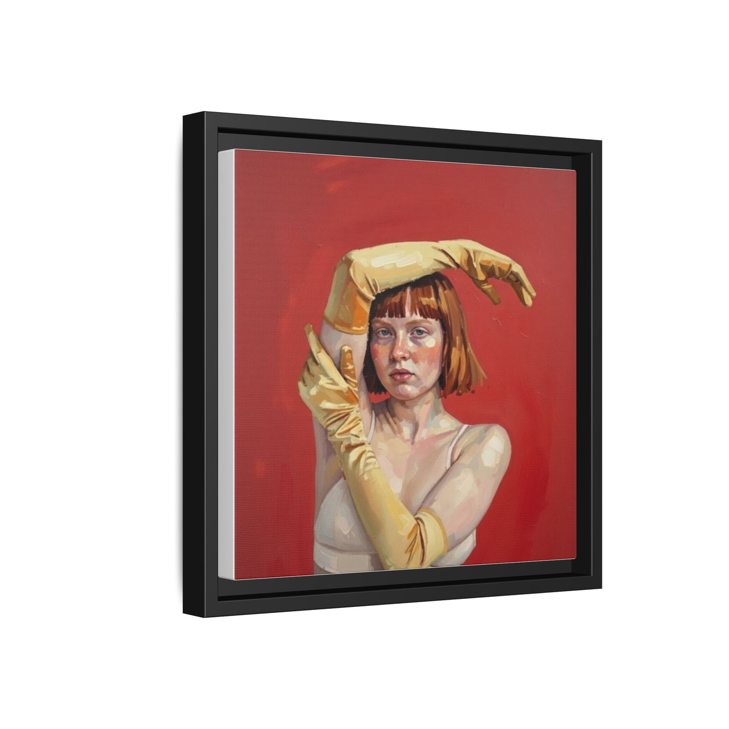 Framed Matte Canvas Art - Portrait of Woman in Yellow Gloves (Red Background)