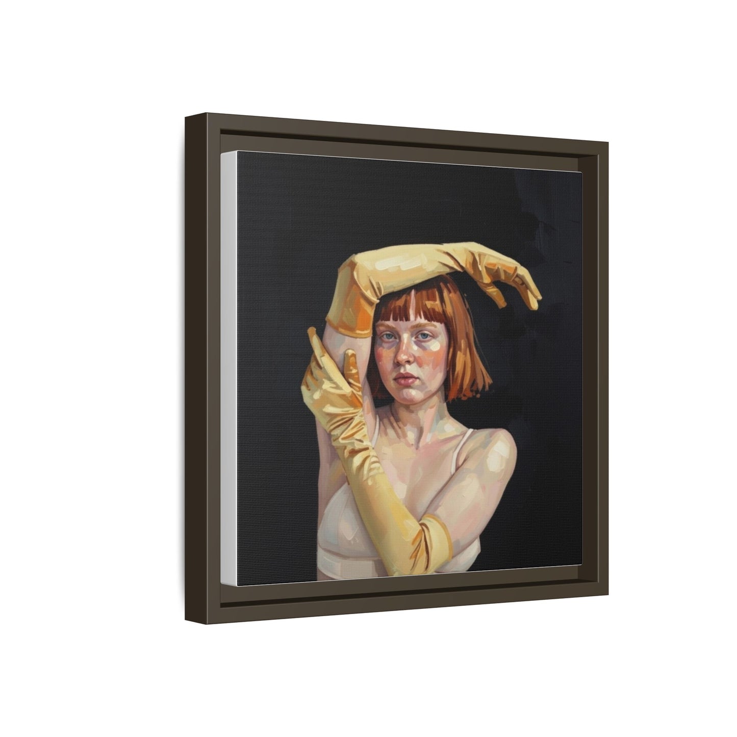Framed Matte Canvas Art – Portrait of Woman in Yellow Gloves