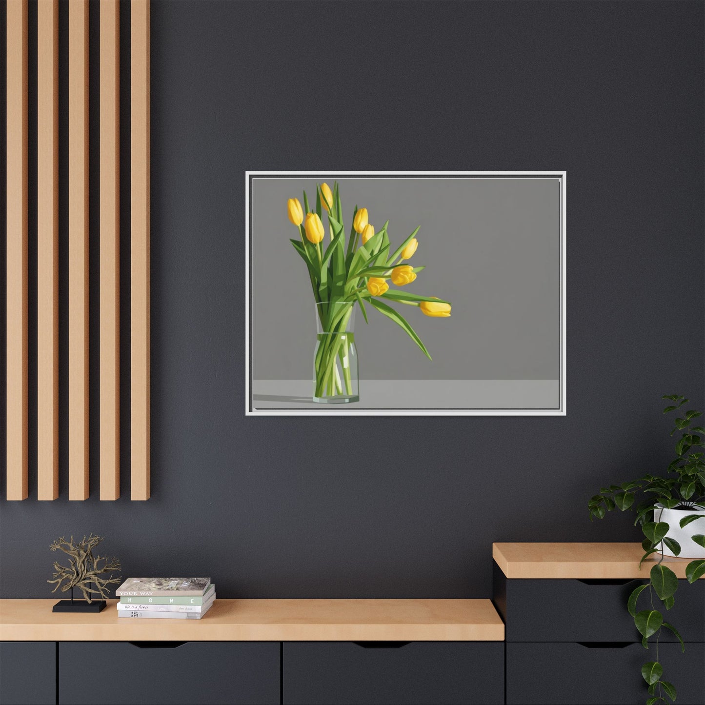 Framed Matte Canvas Art — Yellow Tulip Vase Wall Print