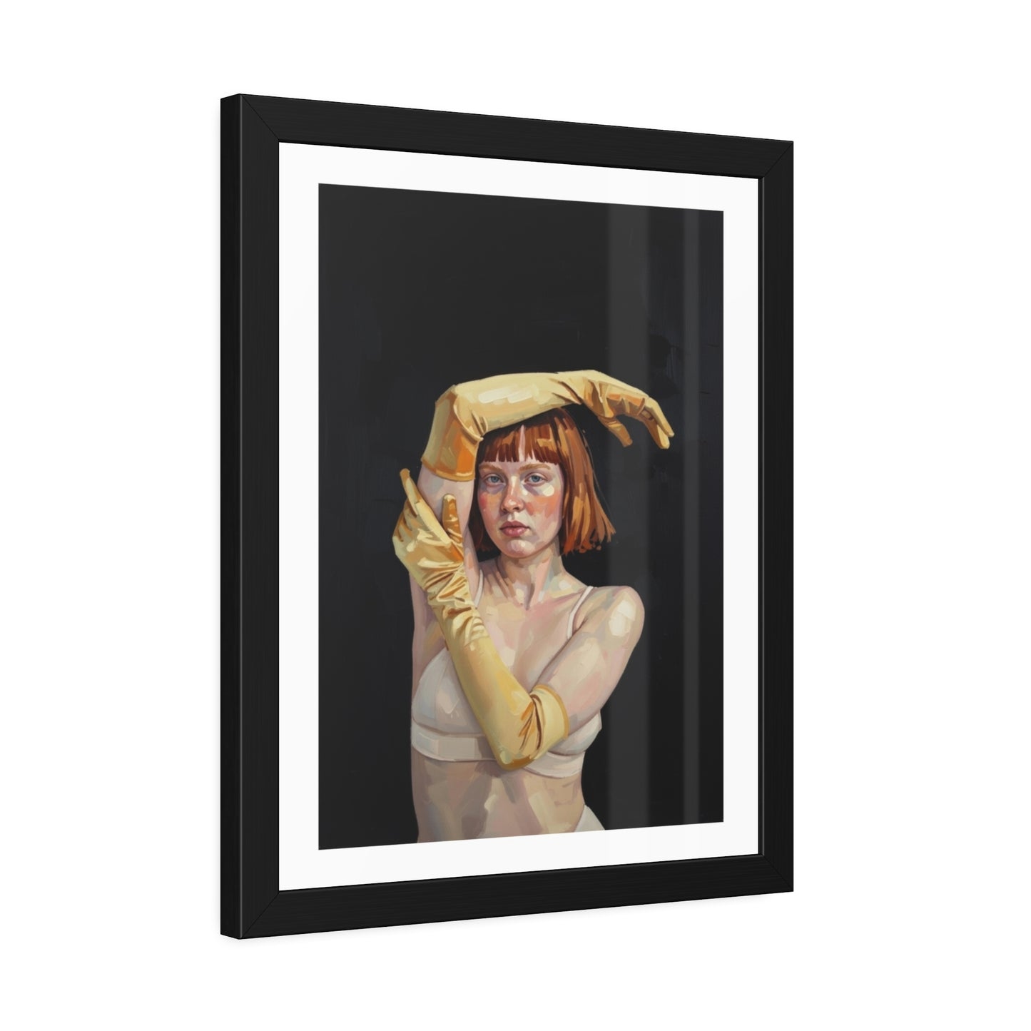 Framed Art Poster — Portrait of Redhead Woman in Yellow Gloves (Gallery Wall Print)