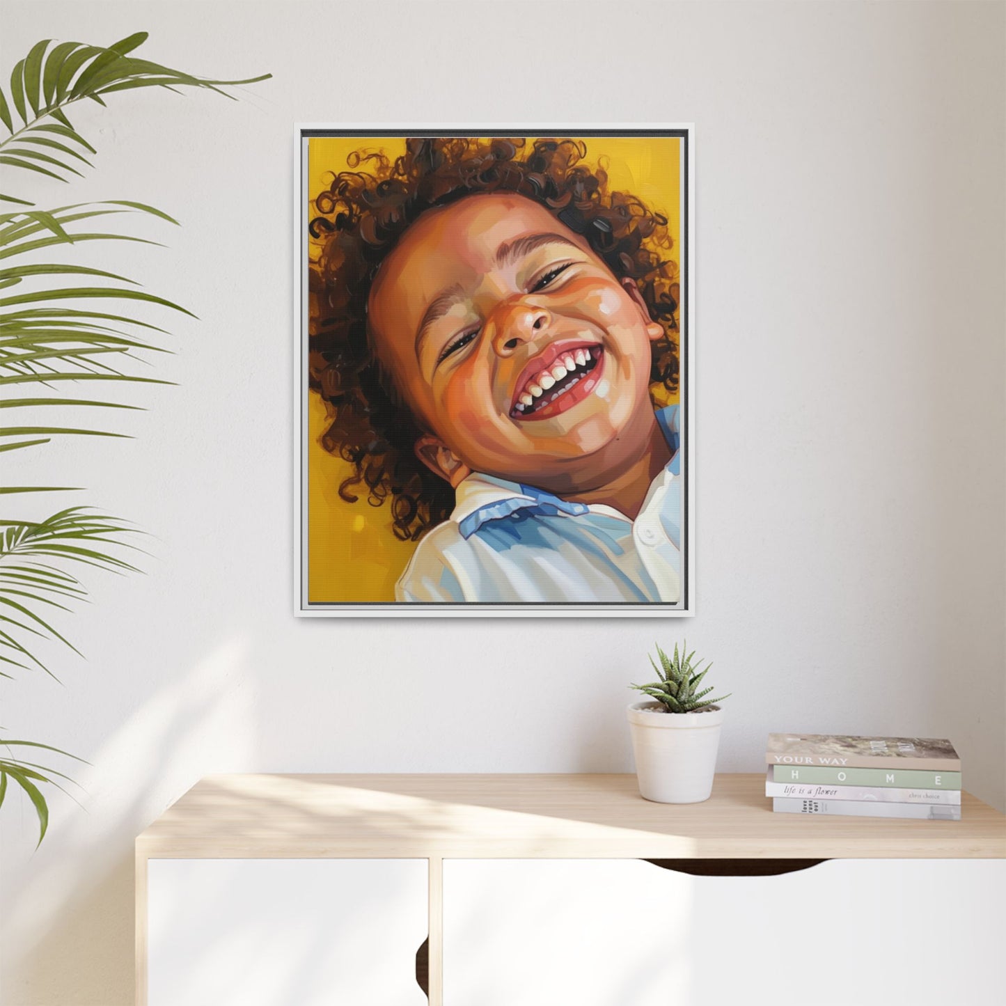 Framed Matte Canvas Print – Joyful Child Portrait, Colorful Nursery Wall Art