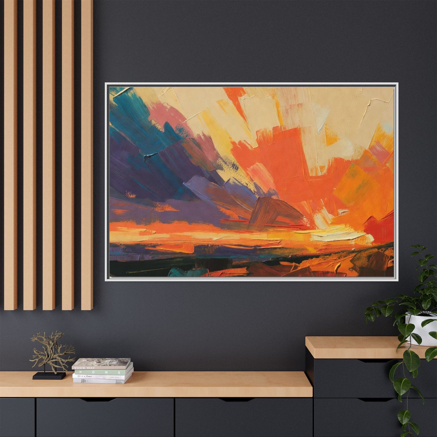 Framed Abstract Sunset Canvas Art – Multicolor Matte Wall Decor