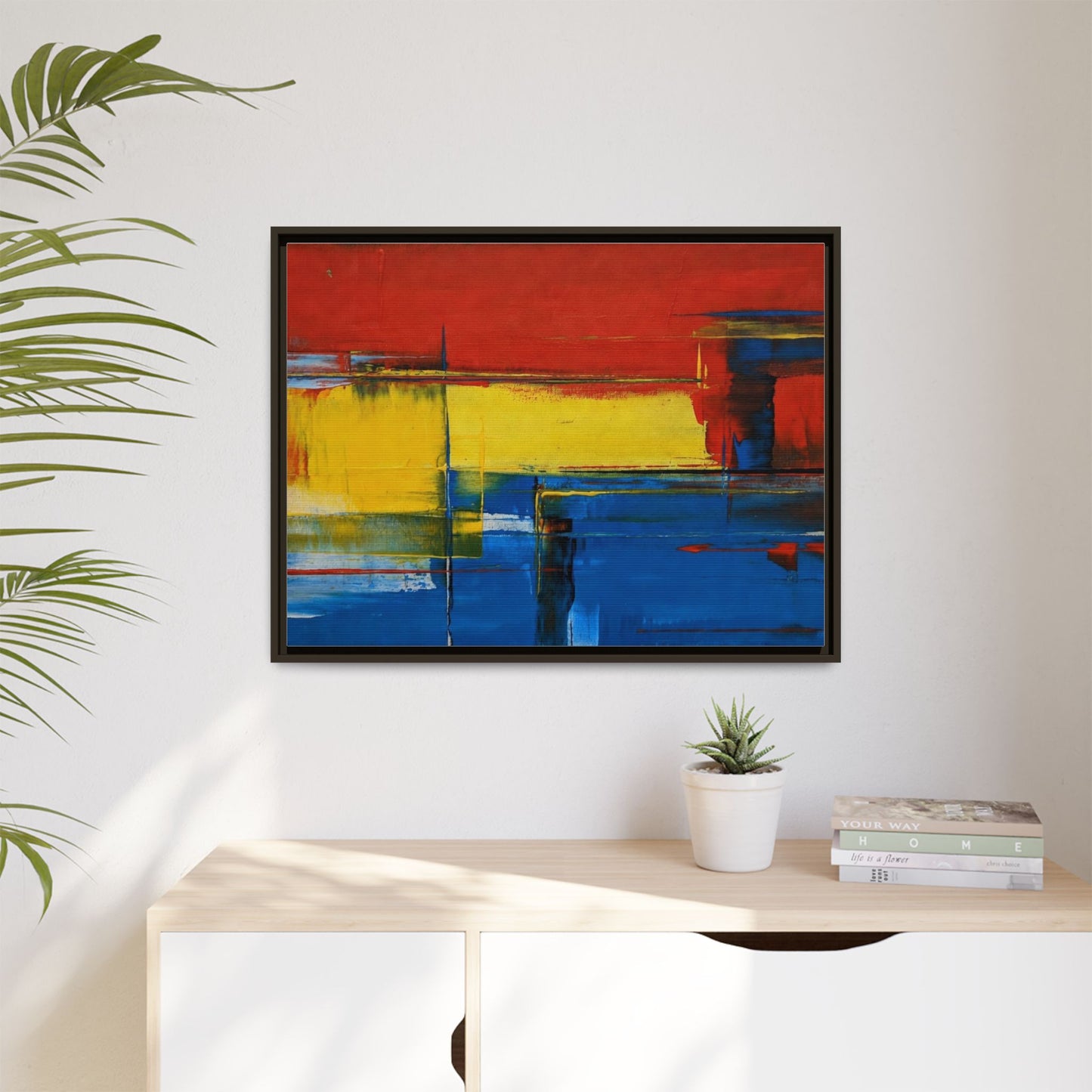 Abstract Color Block Matte Canvas Framed Wall Art — Modern Red Yellow Blue Painting
