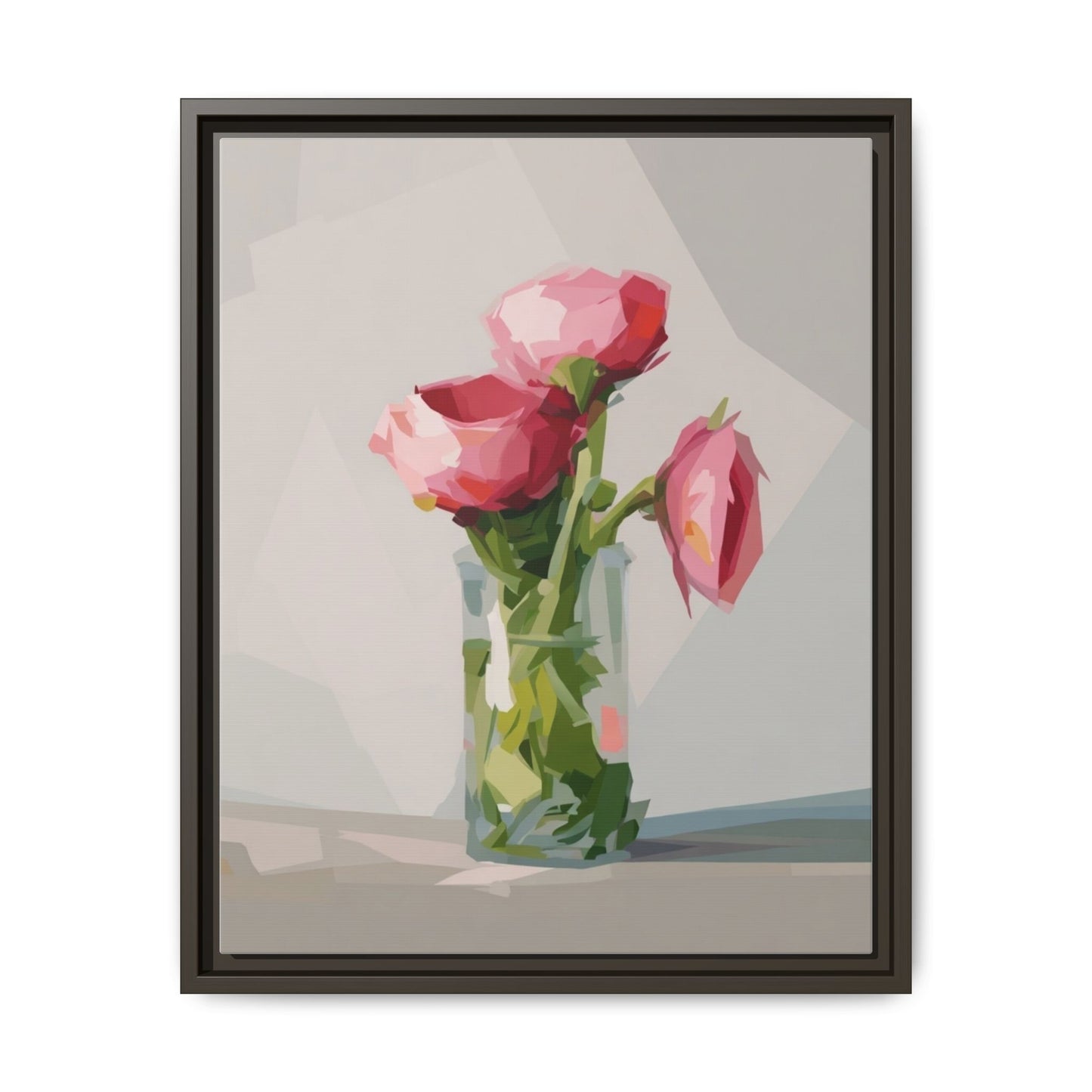 Framed Canvas Art — Pink Roses in Vase, Modern Floral Wall Print