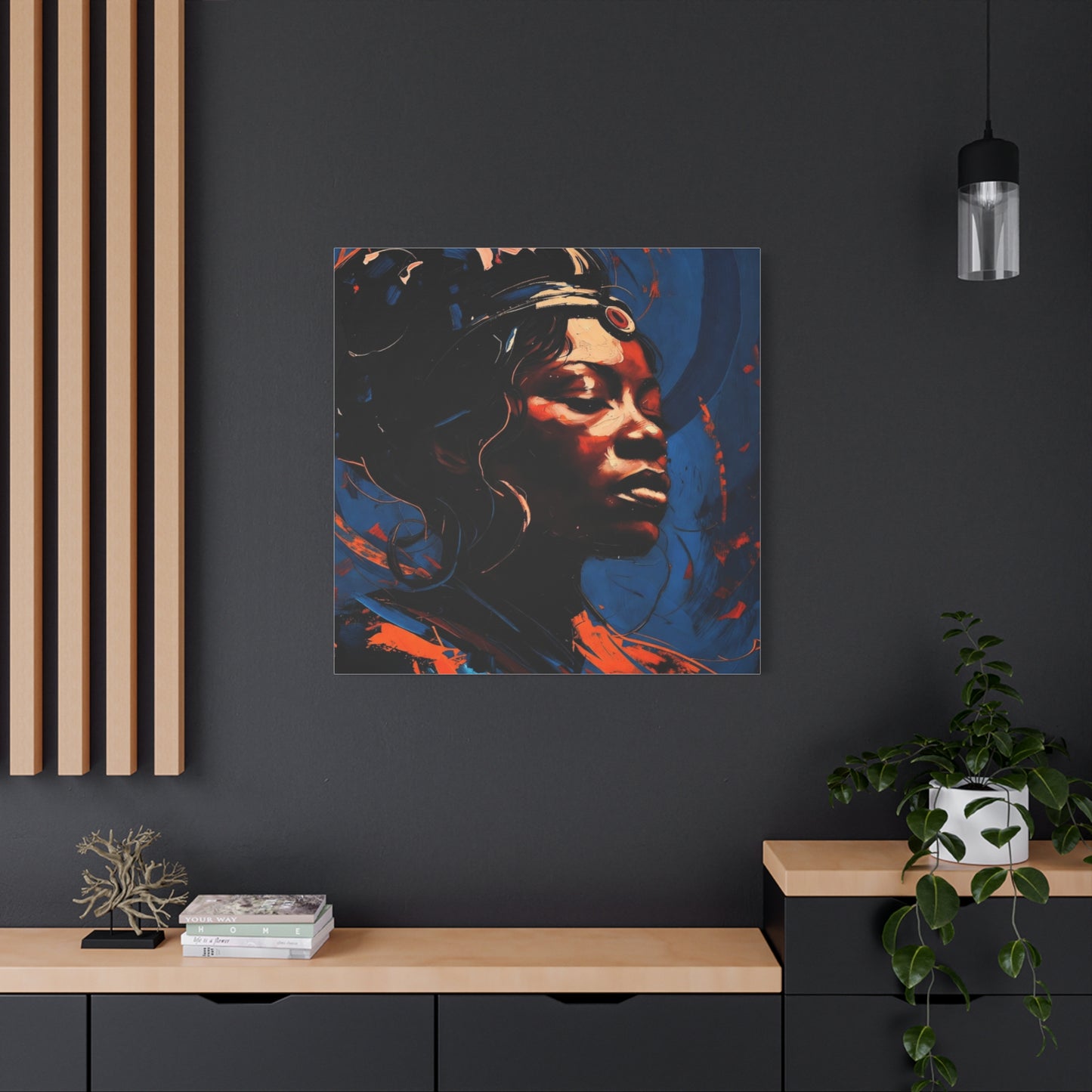 Regal Afrocentric Portrait Matte Canvas Art – Vibrant Blue & Orange Stretched Wall Decor