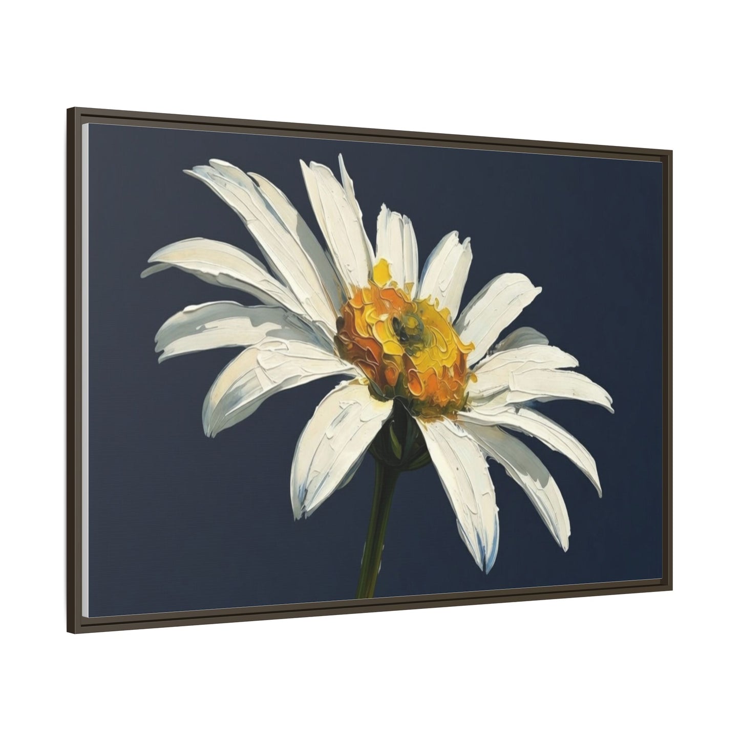 Framed Matte Canvas Daisy Wall Art — White Floral Painting on Navy