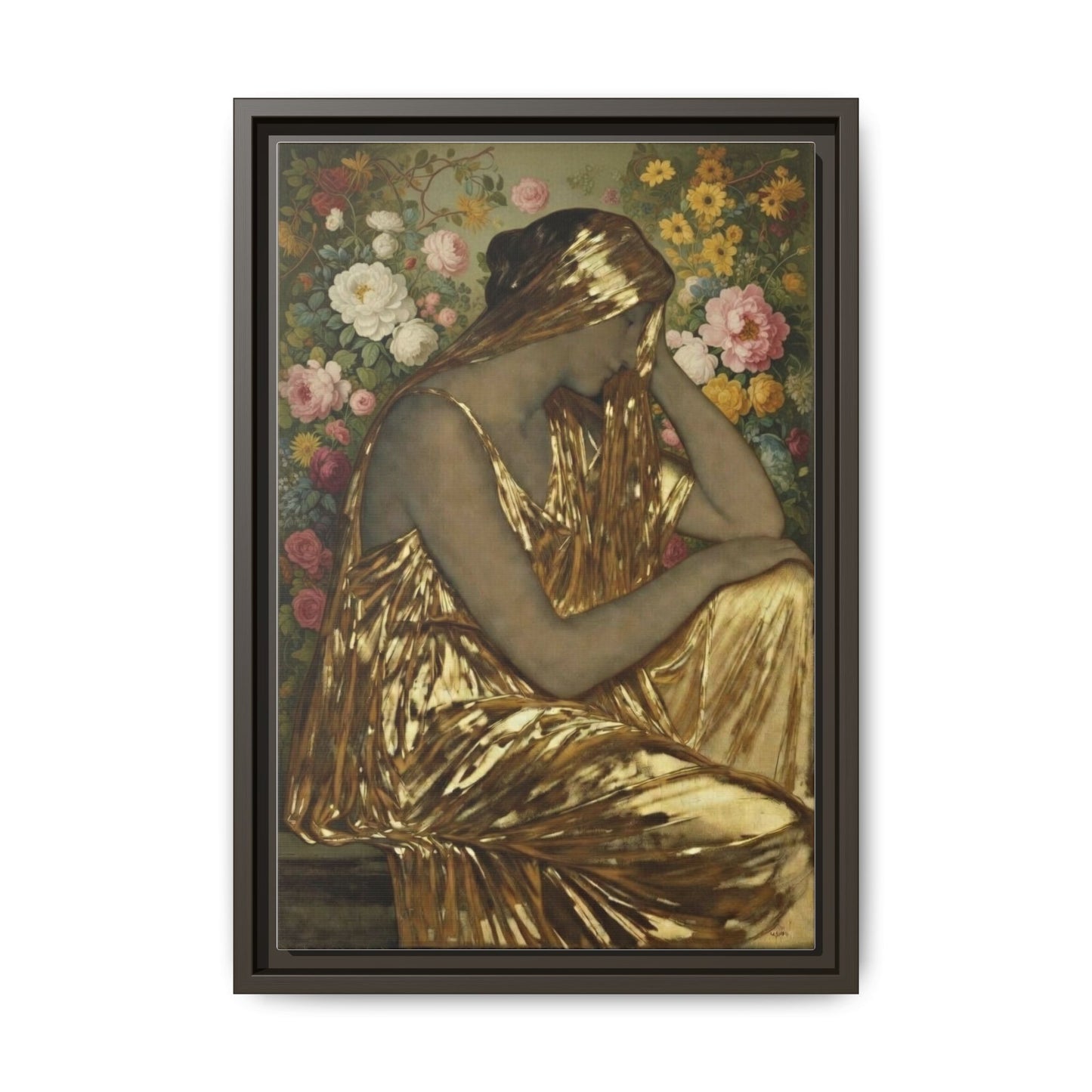 Framed Canvas Art Print — Golden Muse Woman with Floral Background