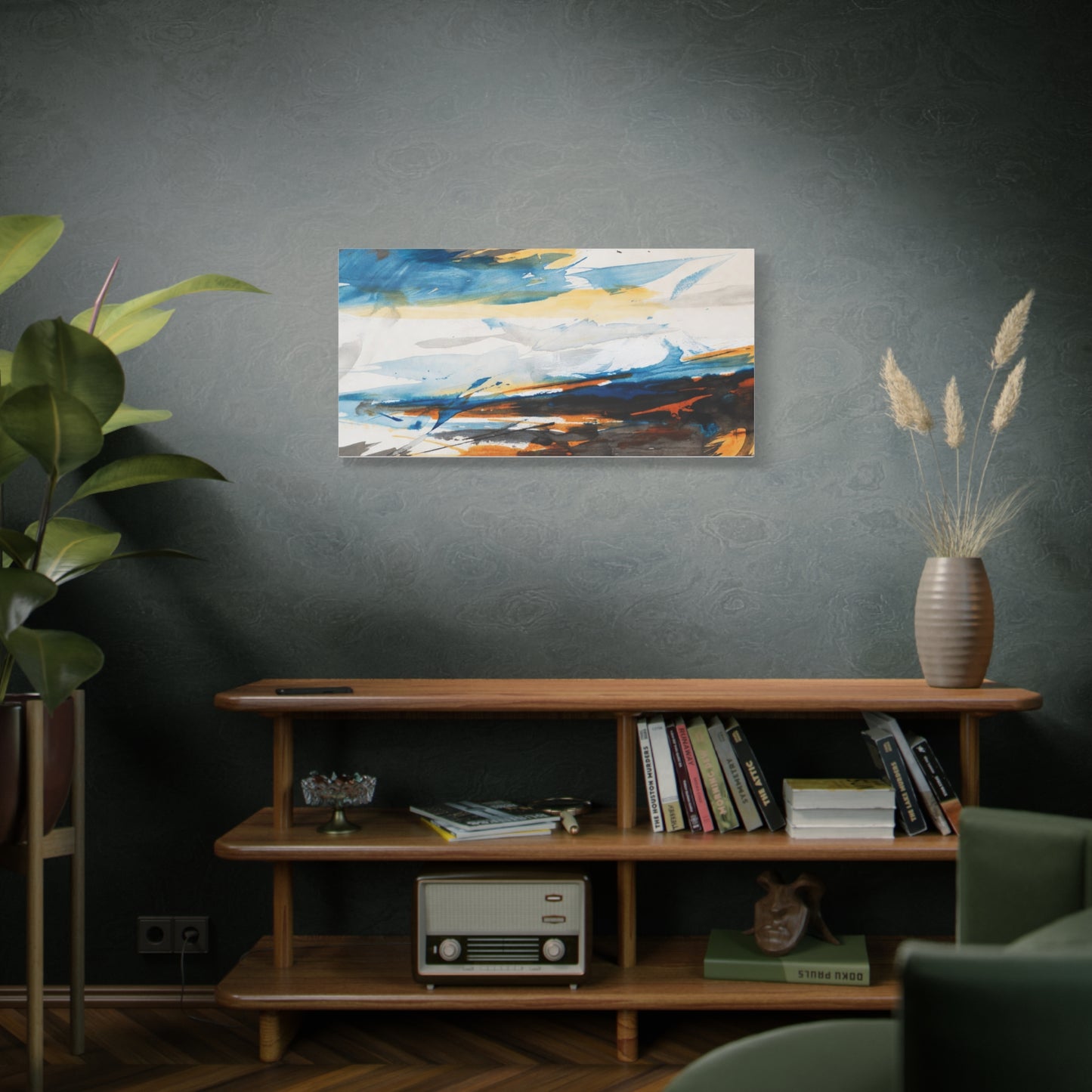 Abstract Oceanic Canvas Print — Blue & Amber Stretched Wall Art