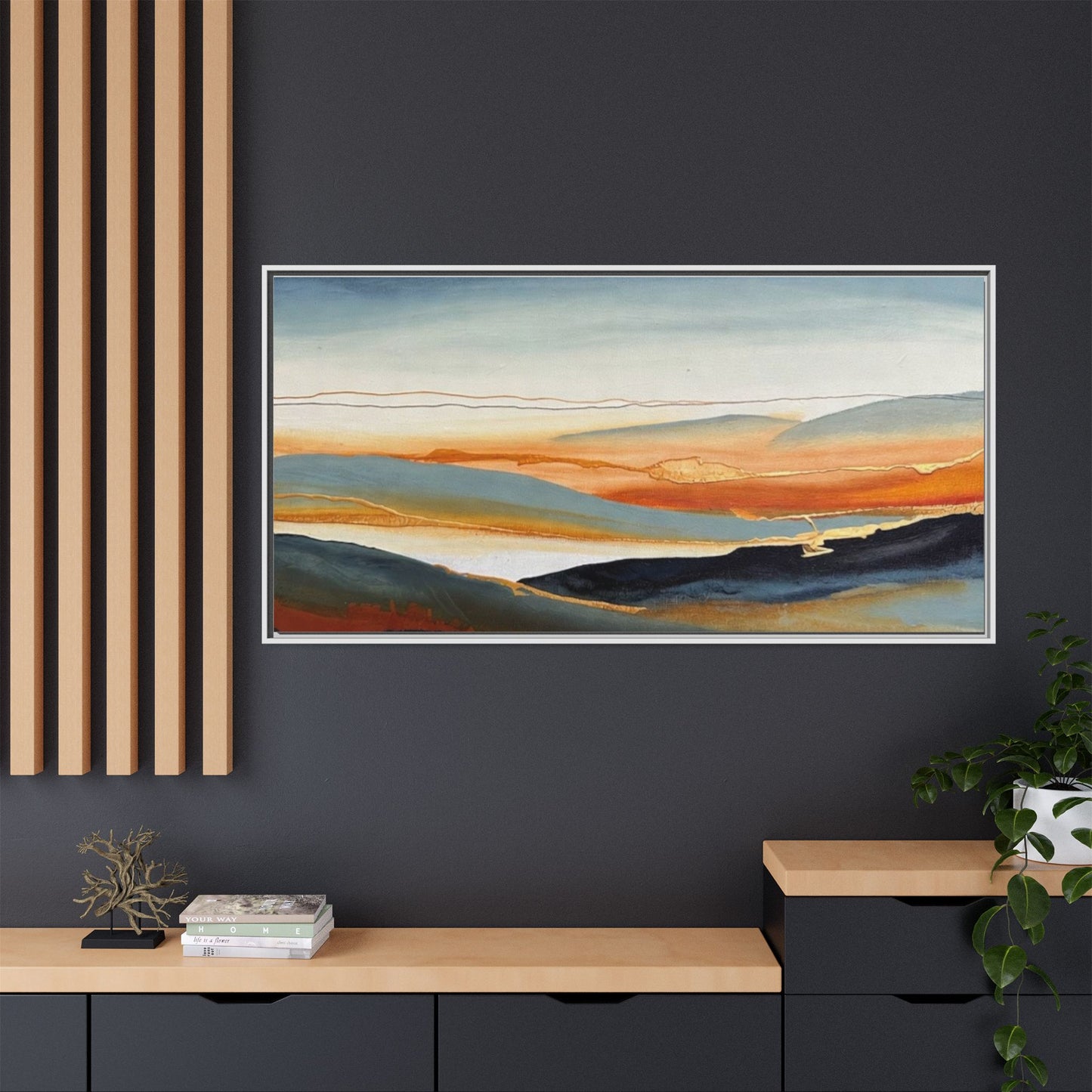 Framed Matte Canvas: Abstract Coastal Sunset Landscape Wall Art
