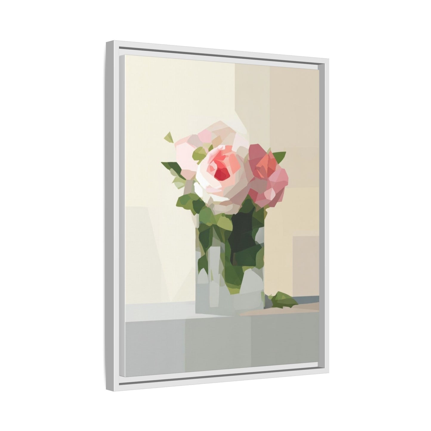 Framed Floral Canvas Print — Geometric Pink Rose Wall Art