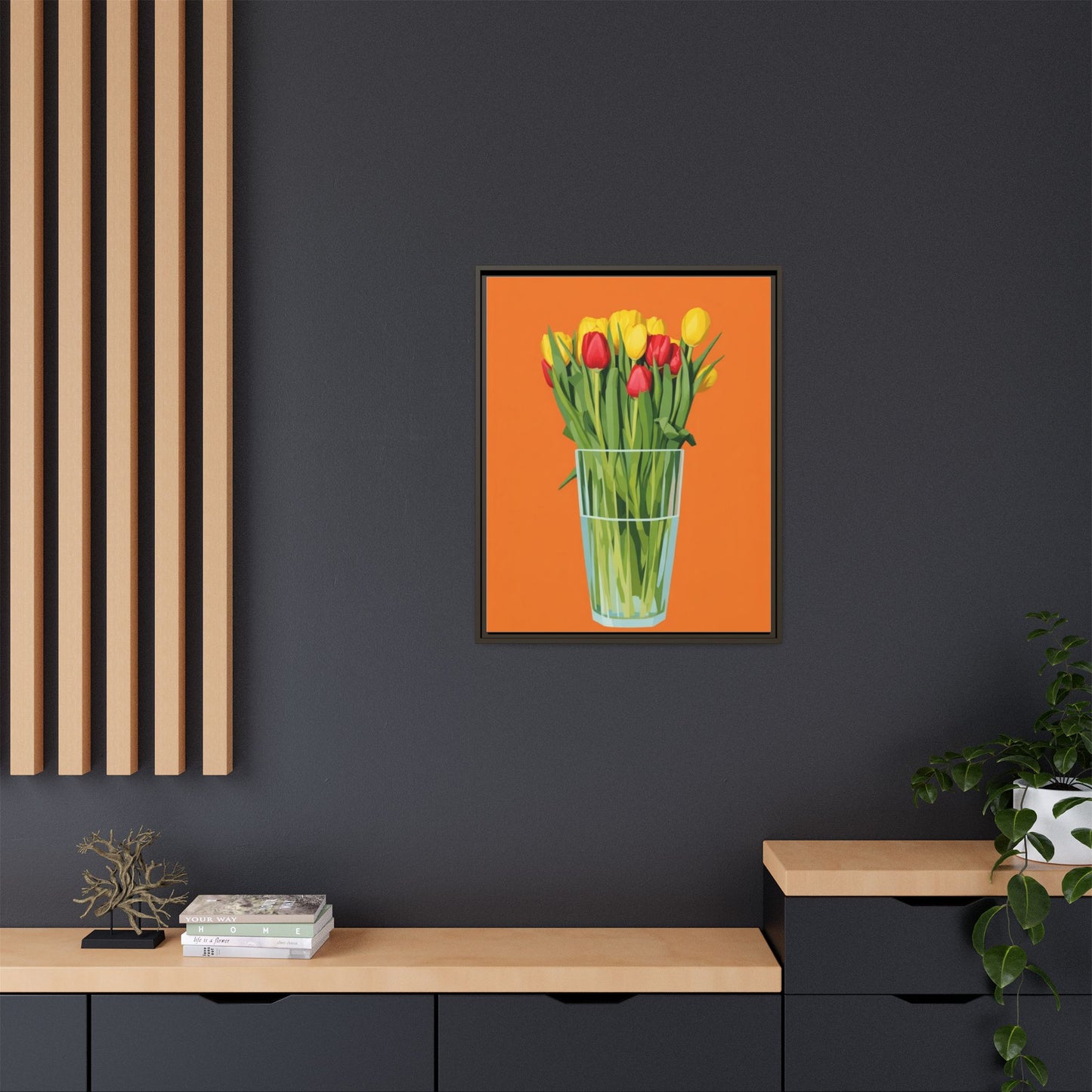 Framed Tulip Canvas Print — Colorful Tulips in Glass Vase