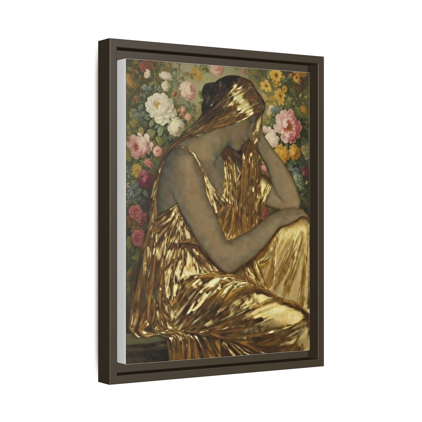 Framed Canvas Art Print — Golden Muse Woman with Floral Background