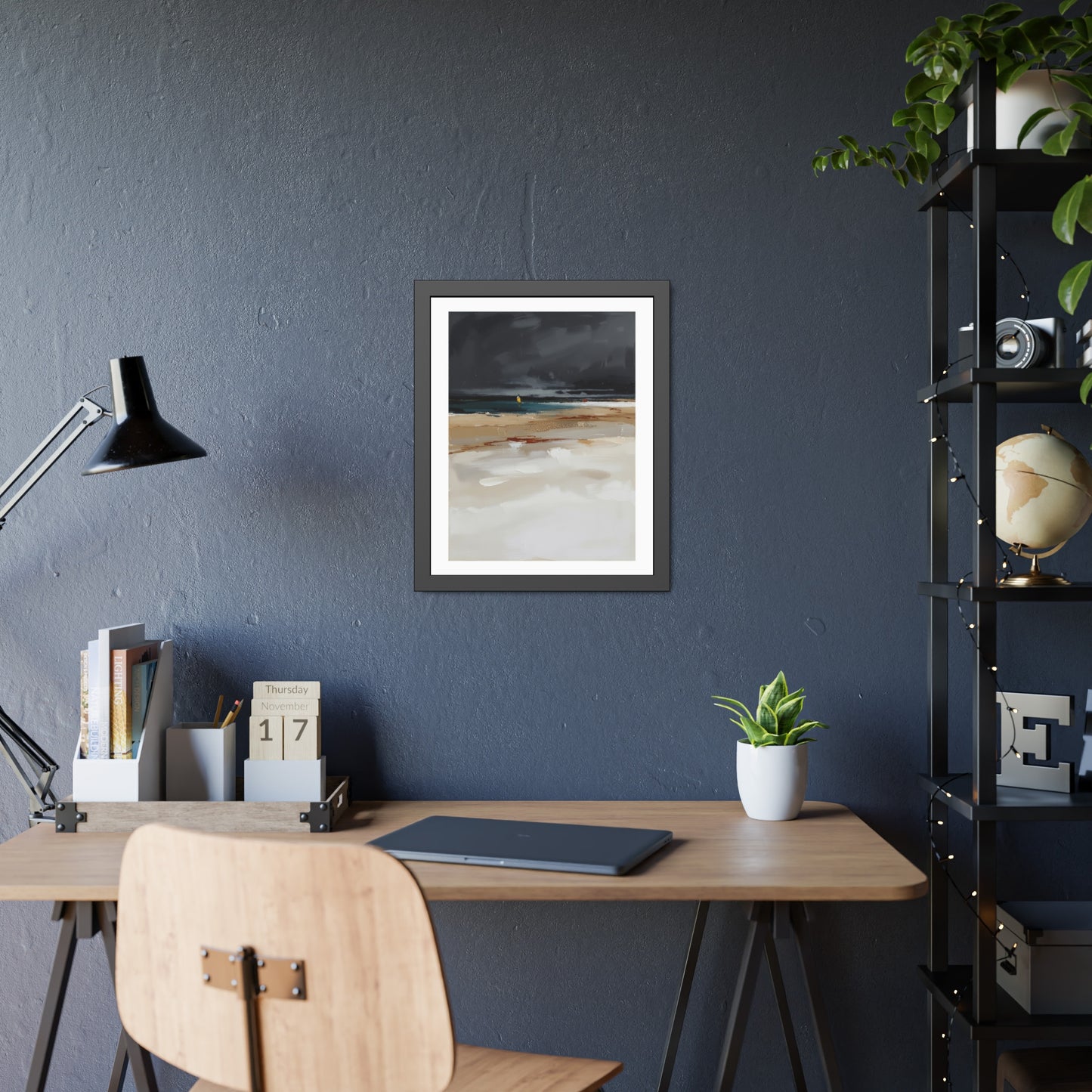 Framed Coastal Beach Print — Moody Seascape Poster in Black Frame