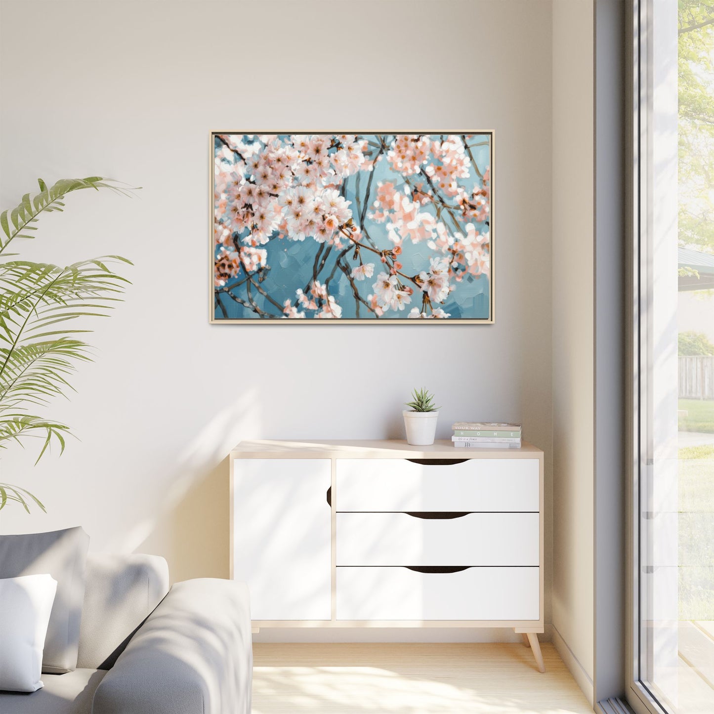 Framed Cherry Blossom Matte Canvas Print — Soft Pink Floral Wall Art