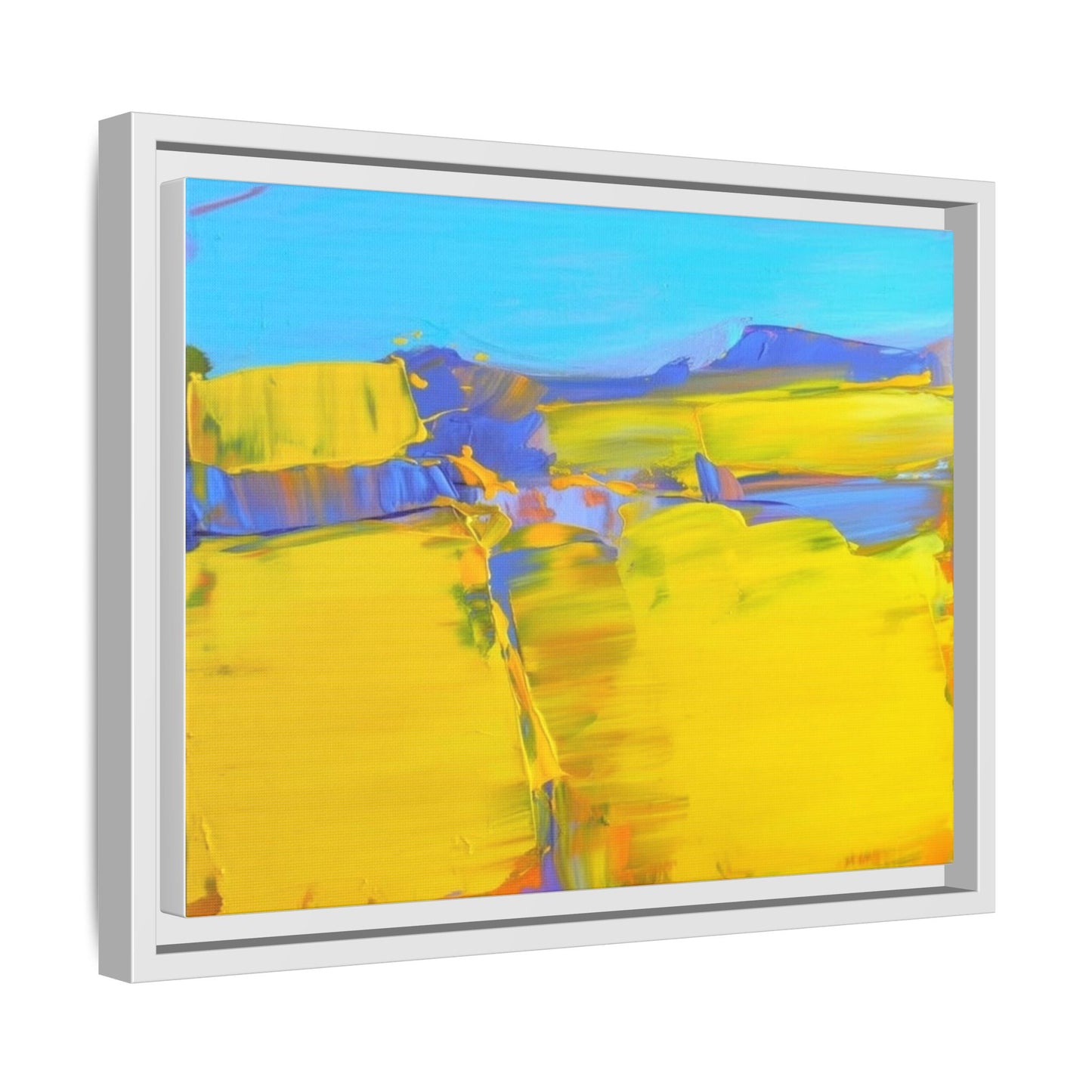 Framed Matte Canvas  Vibrant Yellow Blue Abstract Landscape Art