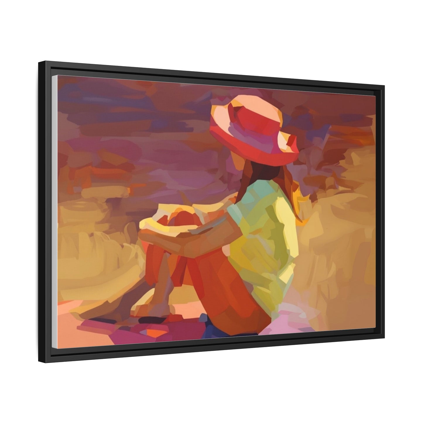 Framed Matte Canvas — Colorful Seated Girl Beach Art