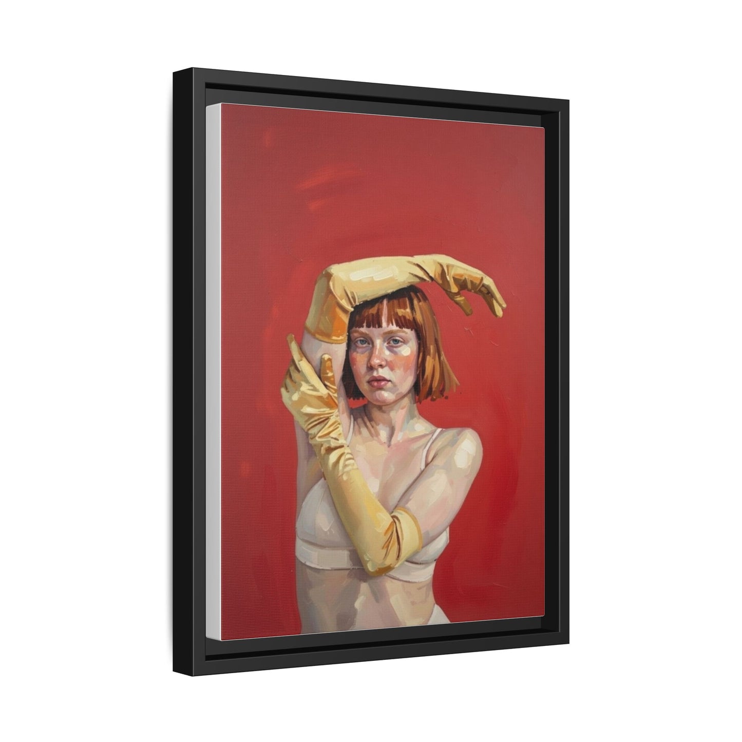 Framed Matte Canvas Art - Portrait of Woman in Yellow Gloves (Red Background)