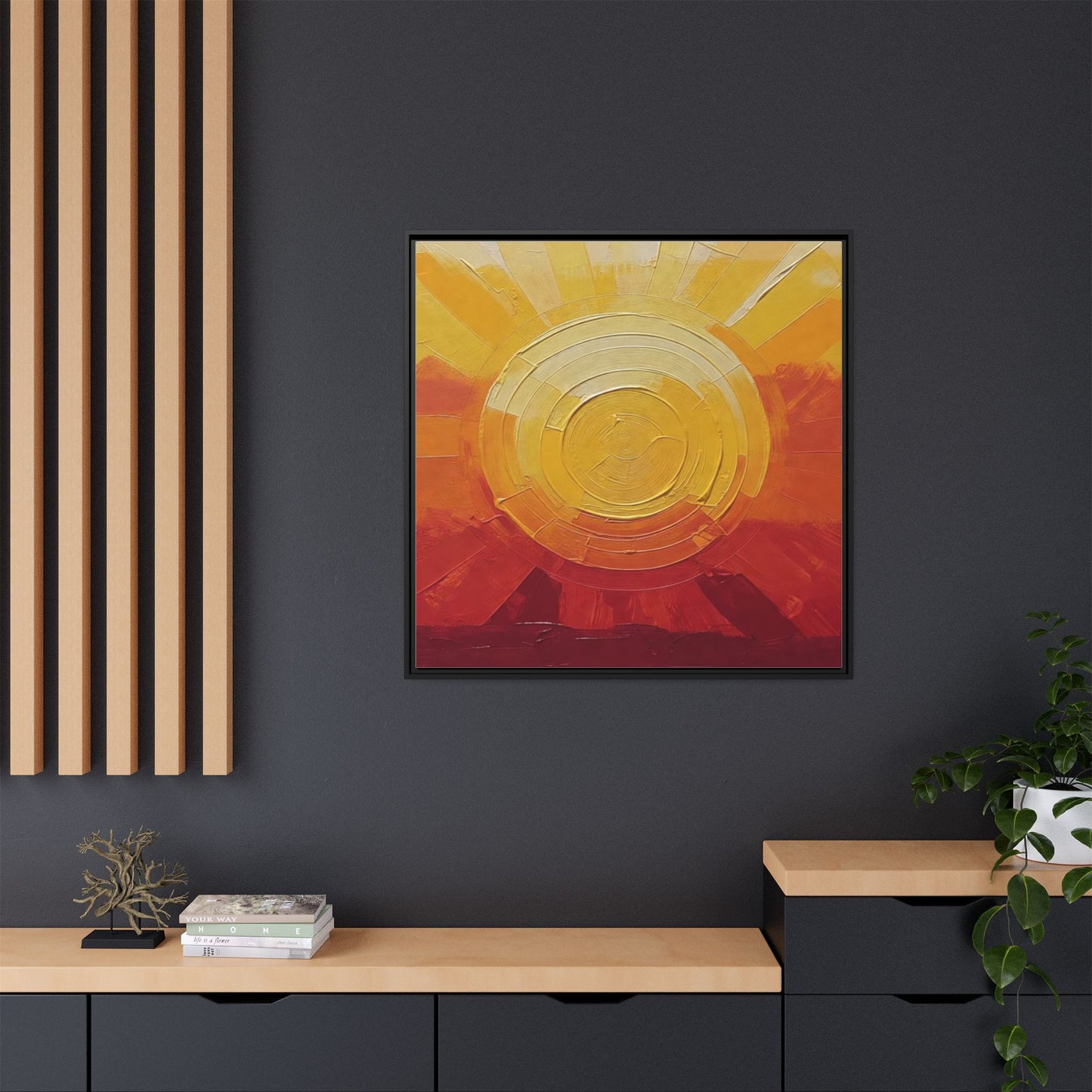 Sunburst Abstract Framed Canvas Art — Matte Multi‑Color Wall Print