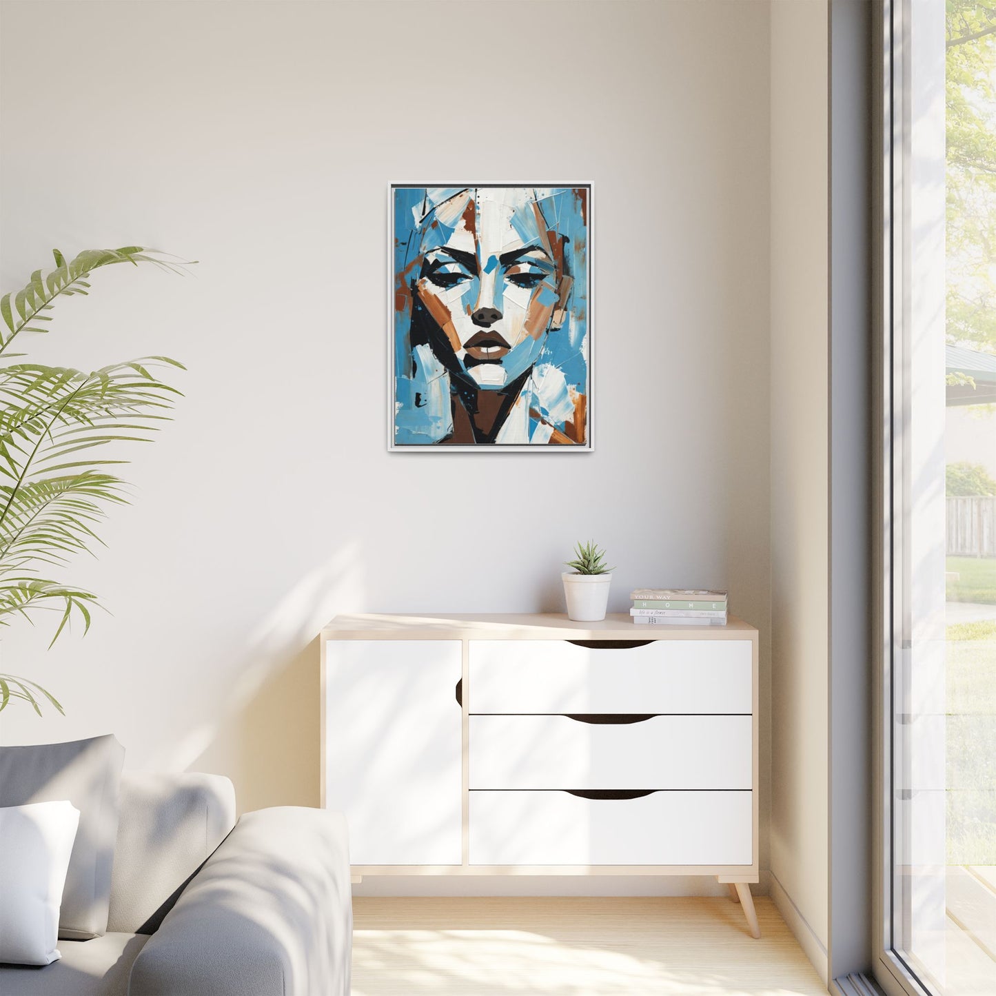 Abstract Blue Face Matte Canvas Wall Art — Framed Modern Portrait Print