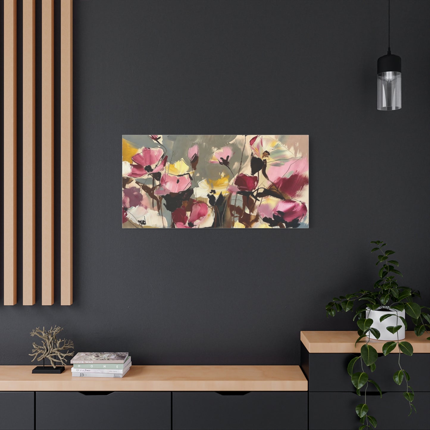 Floral Abstract Canvas Wall Art — Pink & Yellow Bloom Stretched Matte Print