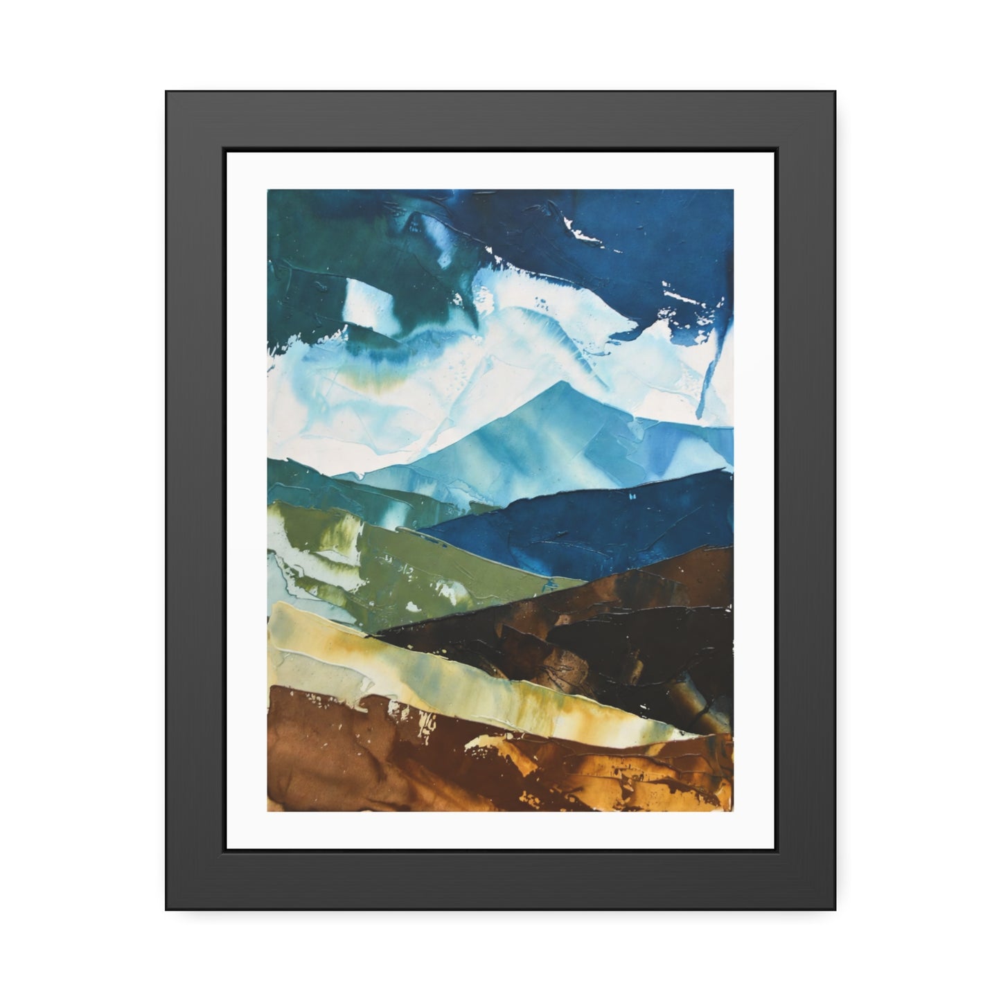 Framed Abstract Mountain Art Print – Blue & Earthtone Layered Landscape Poster