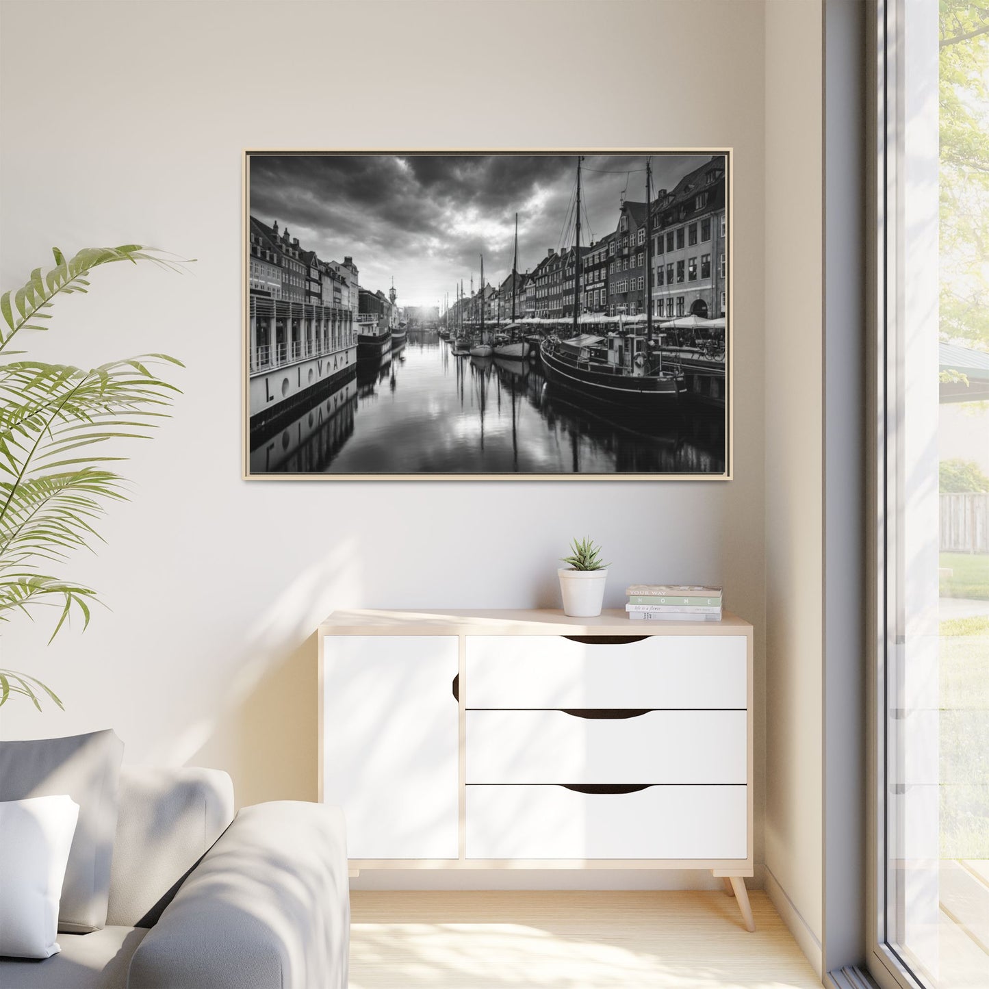 Framed Matte Canvas: Black & White Dutch Canal Photography Wall Art