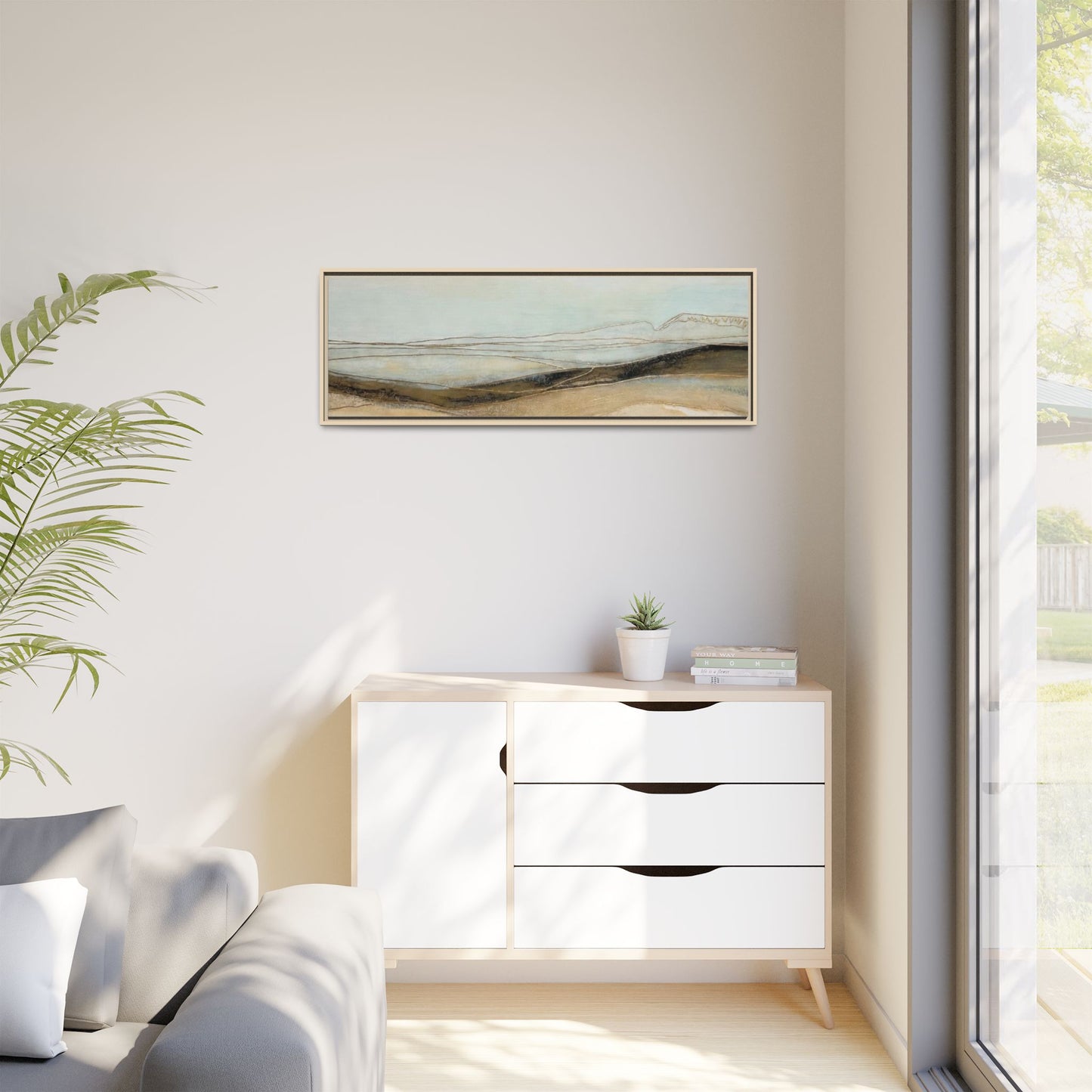 Framed Matte Canvas Wall Art — Neutral Abstract Landscape in Soft Blues & Earth Tones