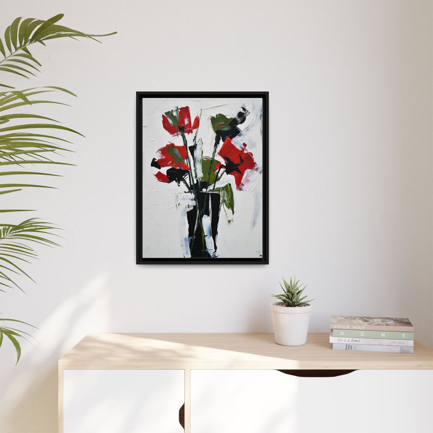 Framed Abstract Floral Canvas Print — Red Poppies in Black Vase