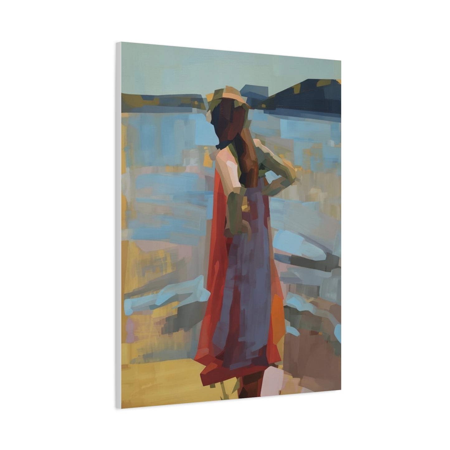 Coastal Stroll Matte Canvas Print — Abstract Woman in Red Dress, Stretched 1.25"