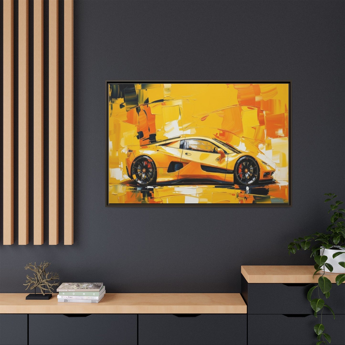 Yellow Sports Car Abstract Matte Canvas Framed Print
