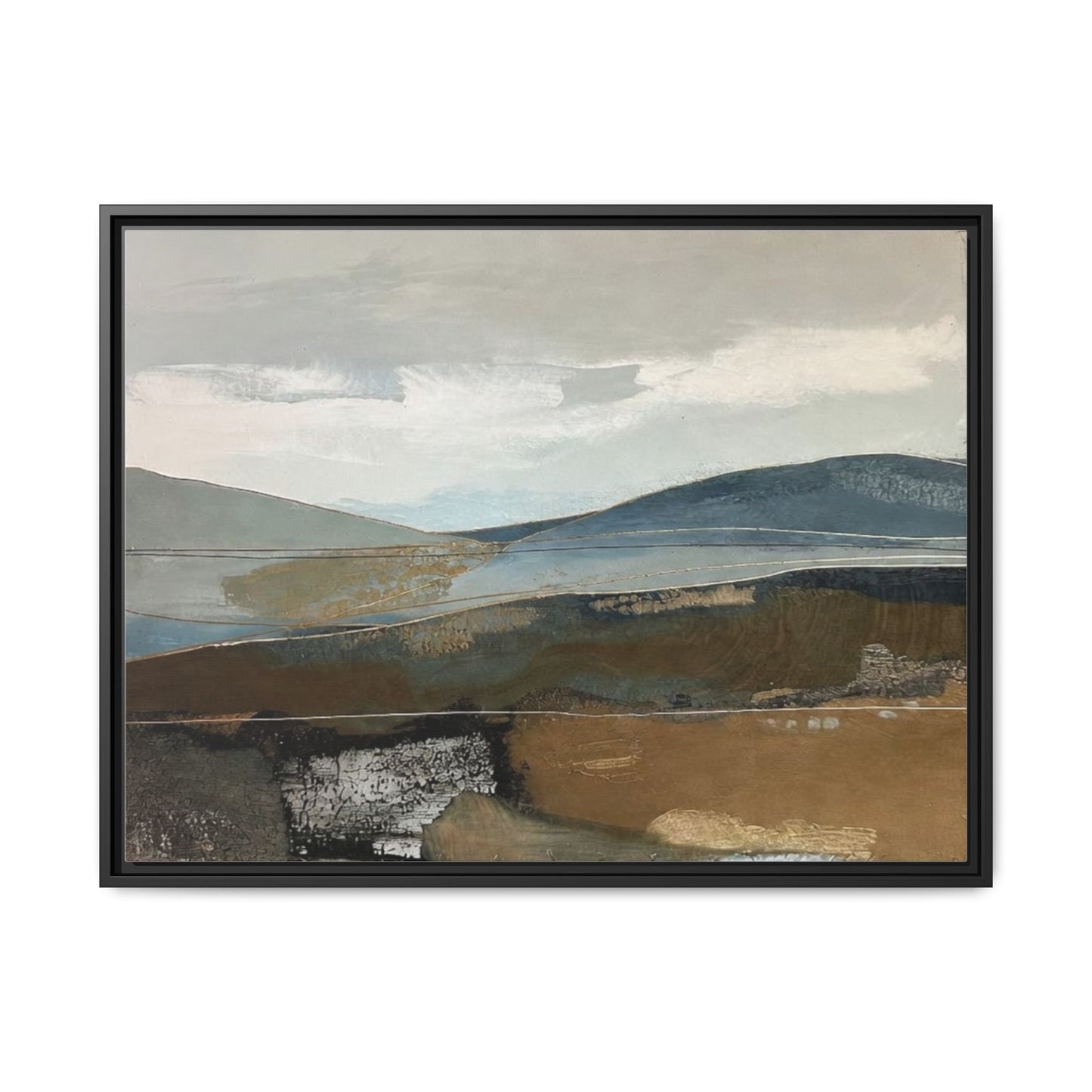 Framed Matte Canvas Landscape Art - Serene Abstract Hills in Blue & Earth Tones