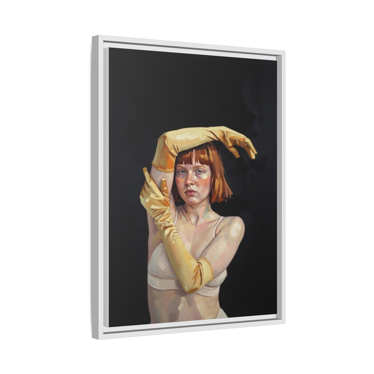 Framed Matte Canvas Art – Portrait of Woman in Yellow Gloves