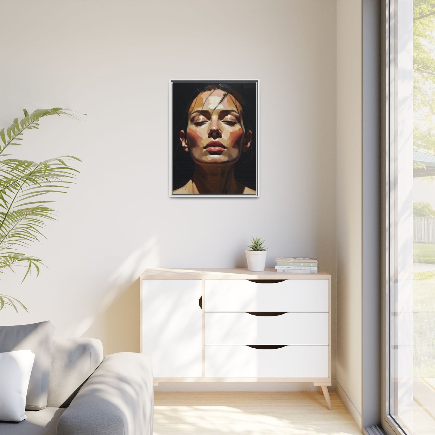Framed Matte Canvas Portrait – Woman with Eyes Closed (Multi‑Color)