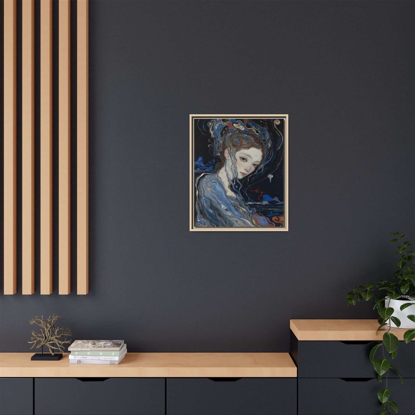 Framed Matte Canvas Art Print — Surreal Blue Maiden Portrait
