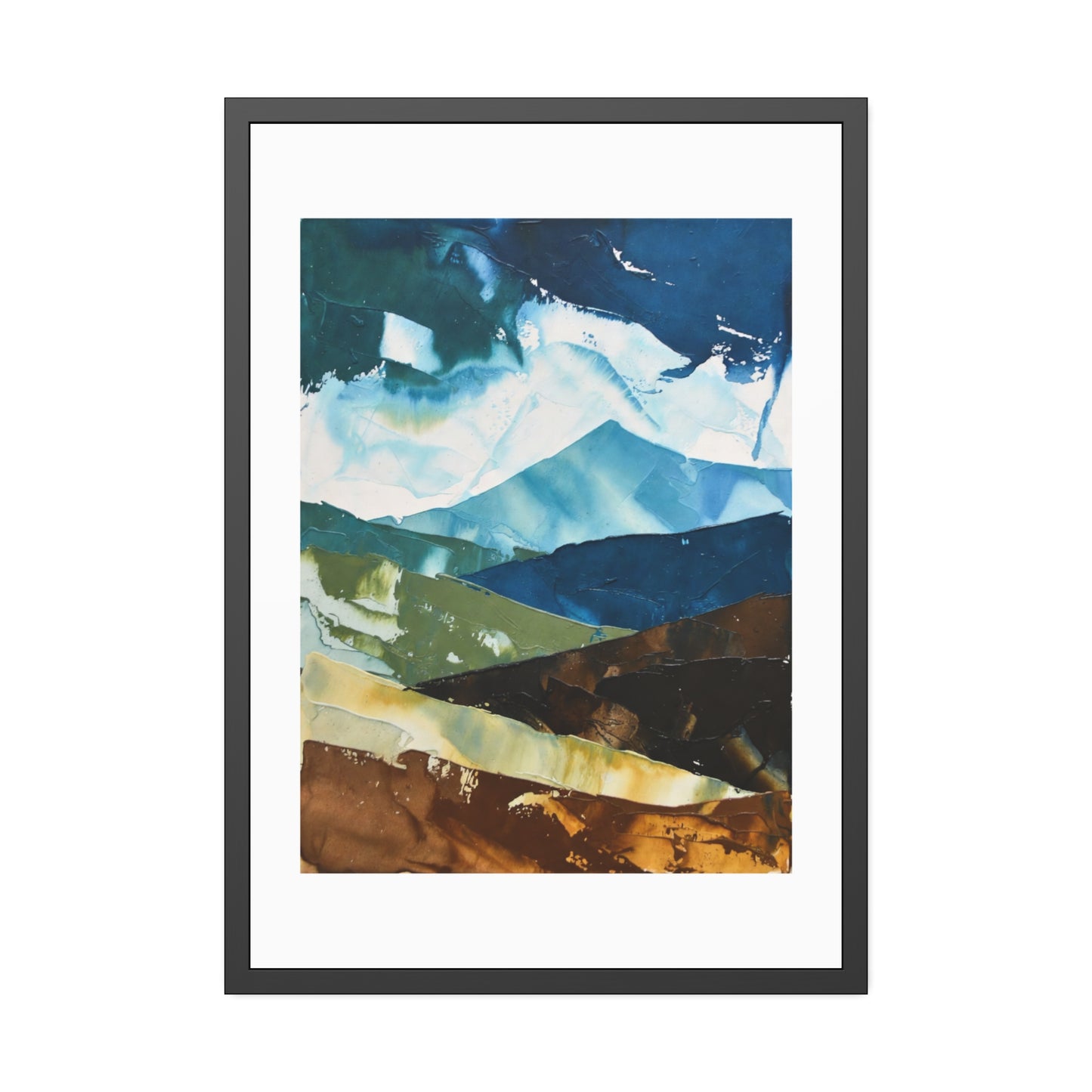 Framed Abstract Mountain Art Print – Blue & Earthtone Layered Landscape Poster