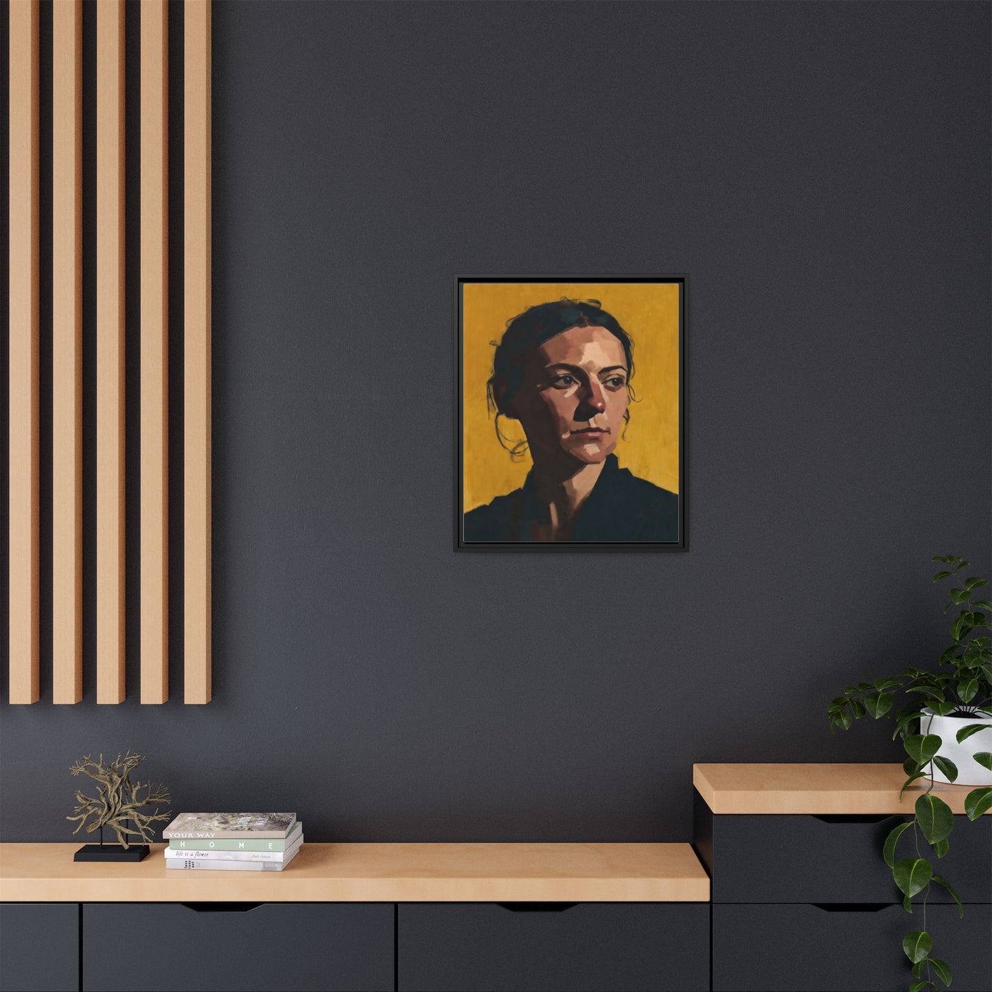 Framed Matte Canvas Portrait Art — Moody Woman on Mustard Background