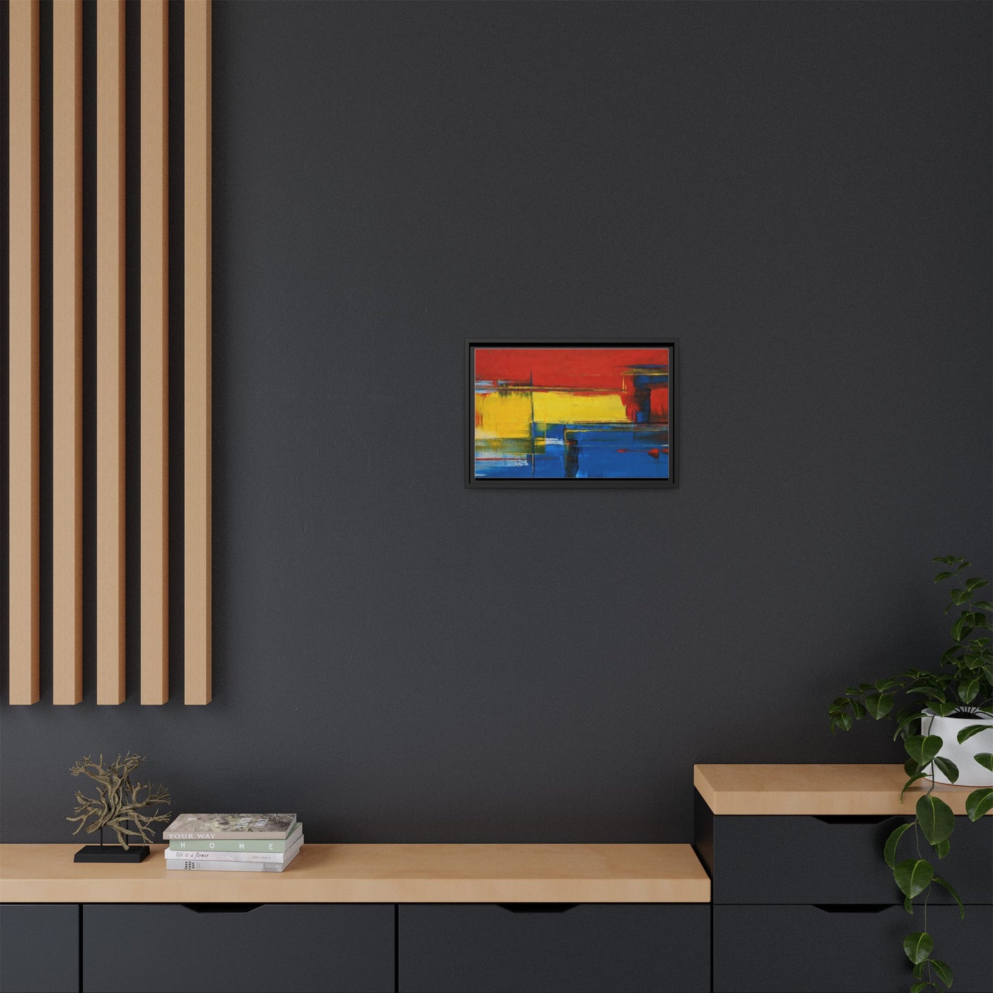 Abstract Color Block Matte Canvas Framed Wall Art — Modern Red Yellow Blue Painting