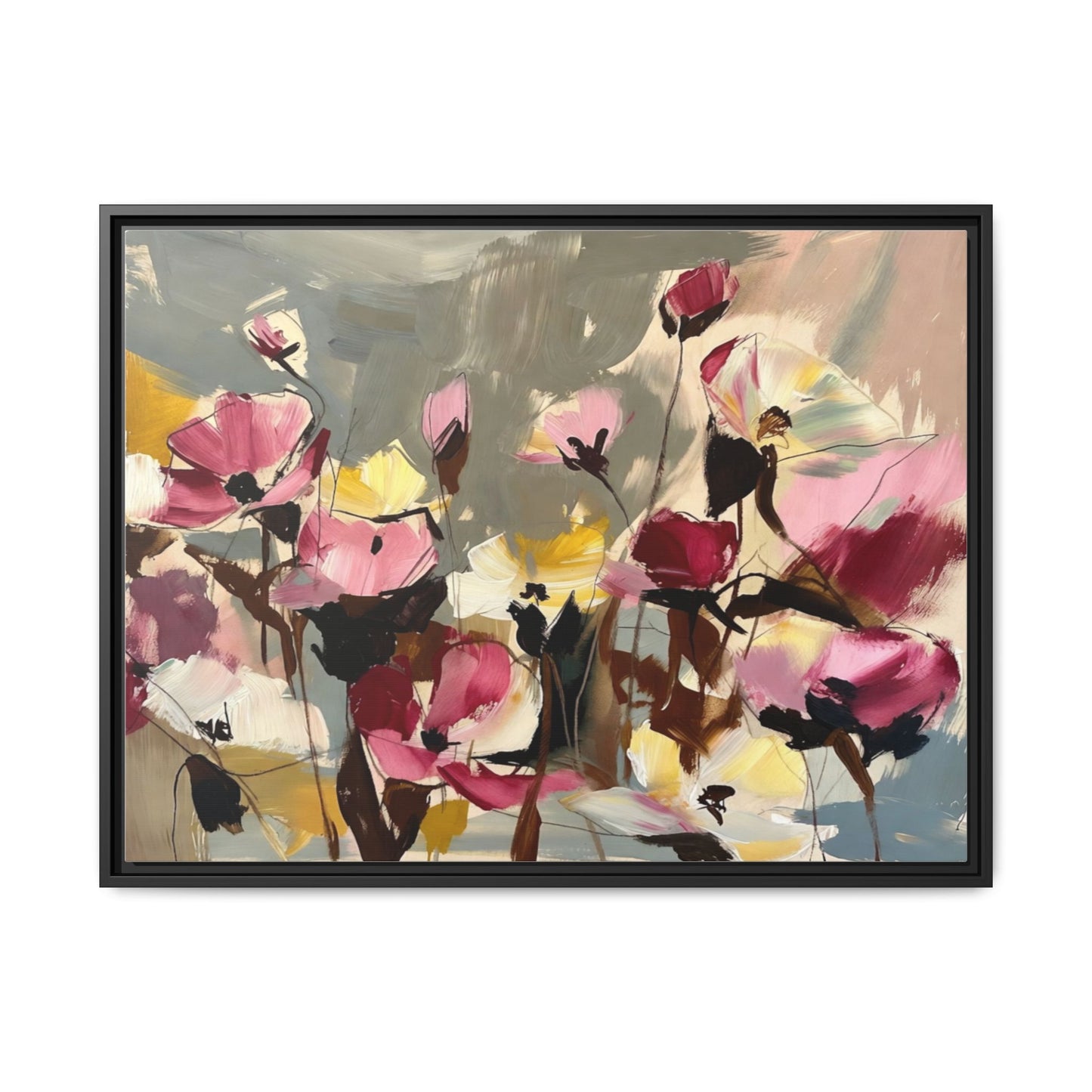Framed Floral Canvas Wall Art — Abstract Pink & Yellow Flowers