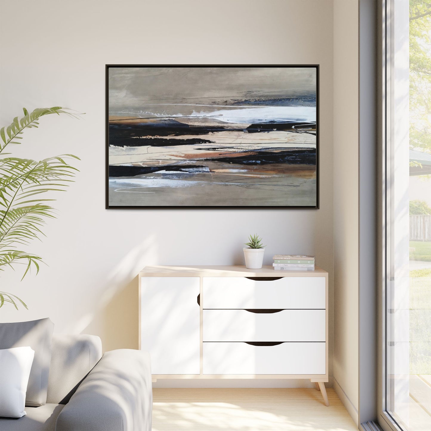 Abstract Seascape Matte Canvas Framed Wall Art — Neutral Coastal Landscape