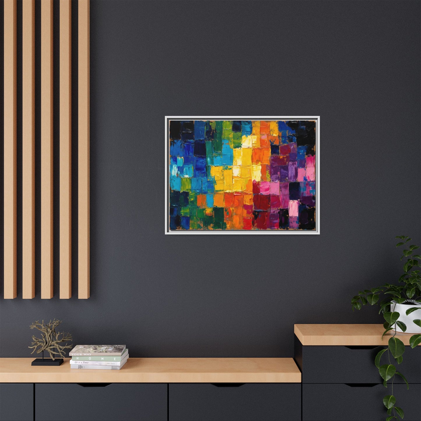 Abstract Rainbow Mosaic Framed Canvas Print — Colorful Modern Wall Art