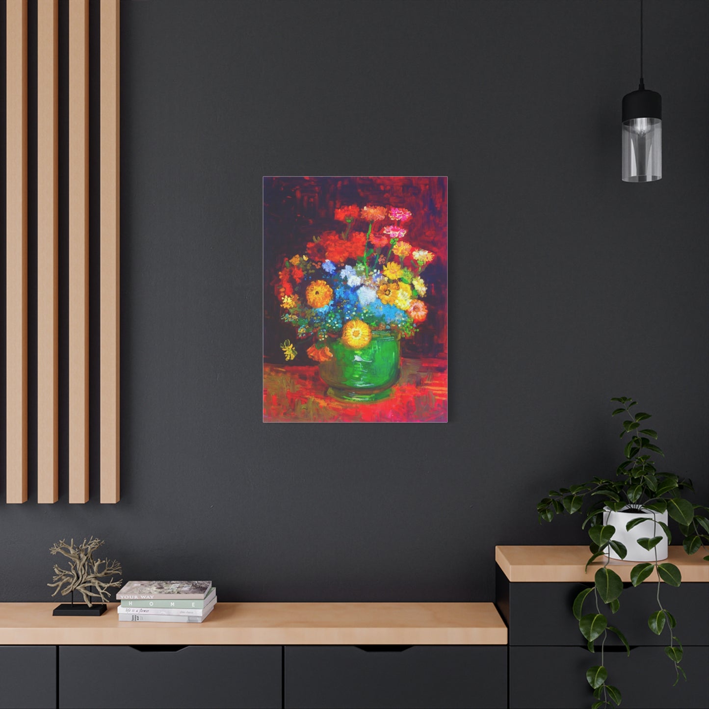 Floral Still Life Canvas Print — Vibrant Bouquet in Green Vase
