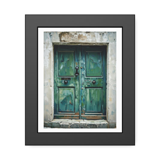 Framed Poster — Vintage Green Door Photography (Rustic Wall Art, Entryway Decor)