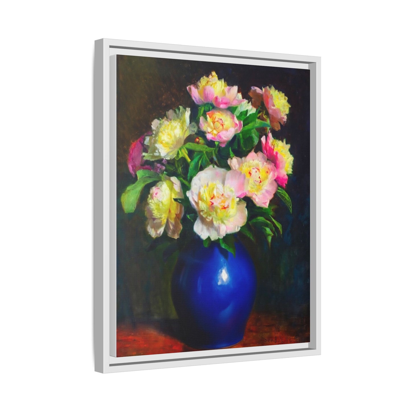 Framed Matte Canvas Wall Art — Vintage Floral Bouquet in Blue Vase