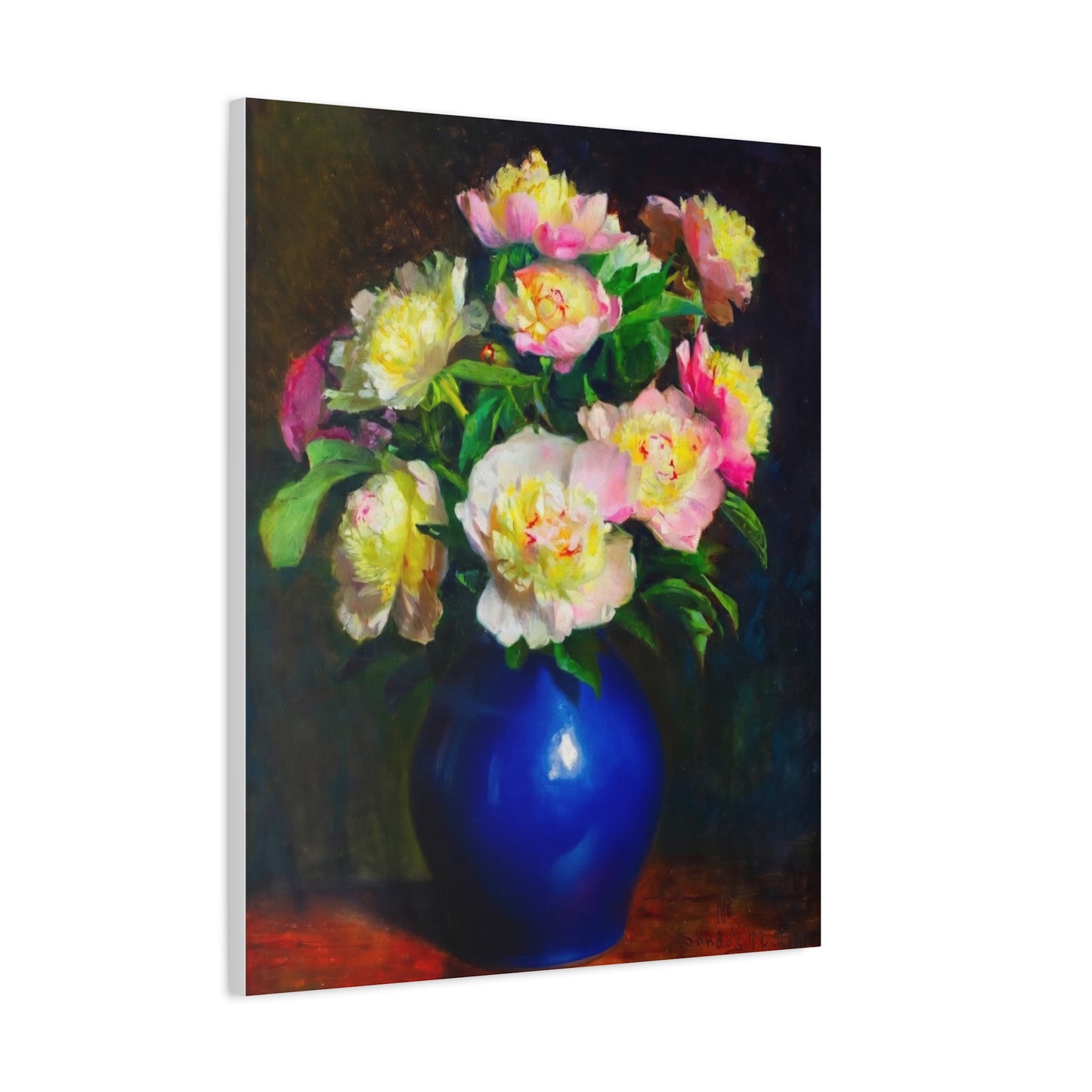 Peony Bouquet Canvas Print — Pink Peonies in Blue Vase, Stretched Matte Wall Art