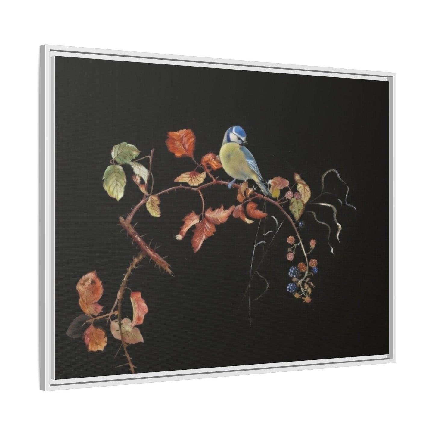 Framed Matte Canvas - Blue Tit on Autumn Branch Wall Art