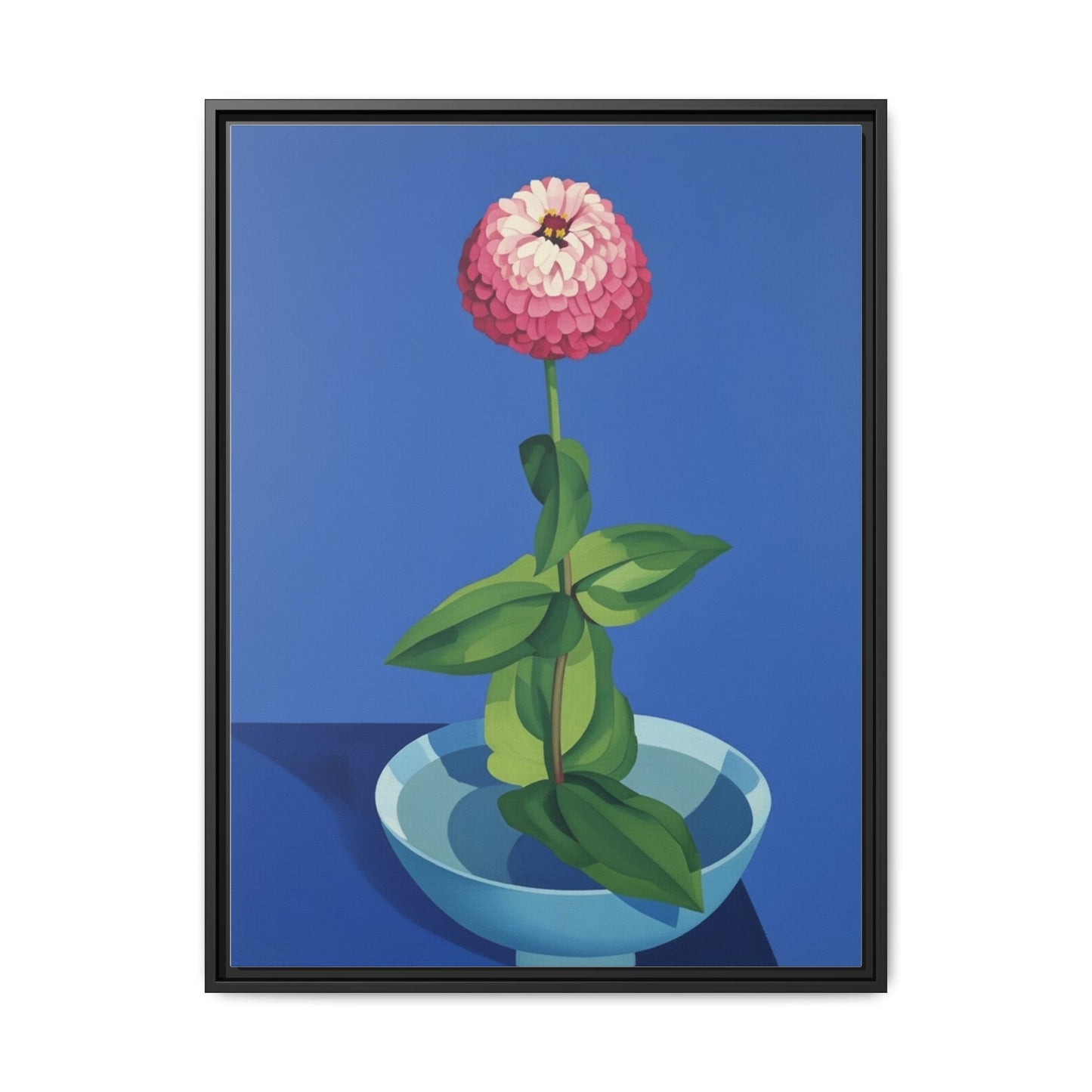 Framed Matte Canvas Art — Pink Zinnia in Blue Bowl (Botanical Still Life)