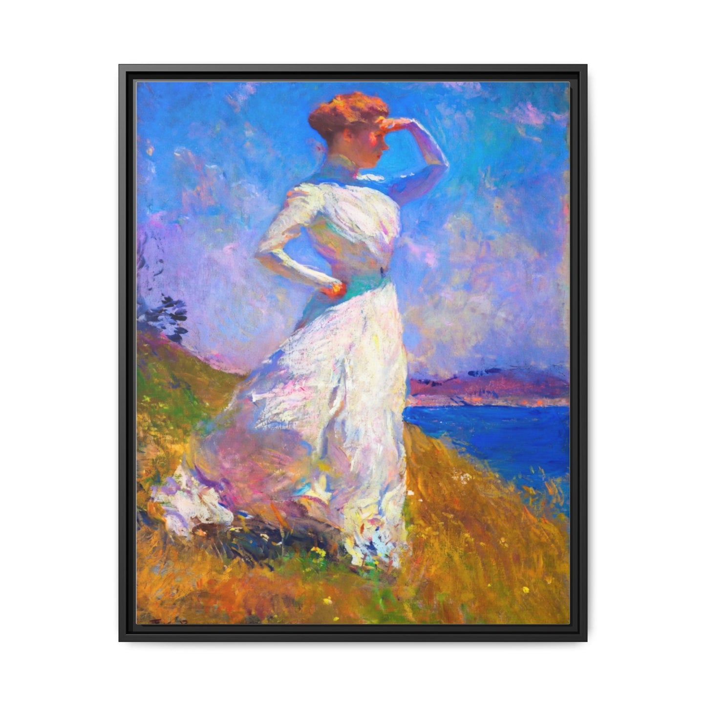 Framed Matte Canvas Art - Woman in White Seaside Impressionist Print