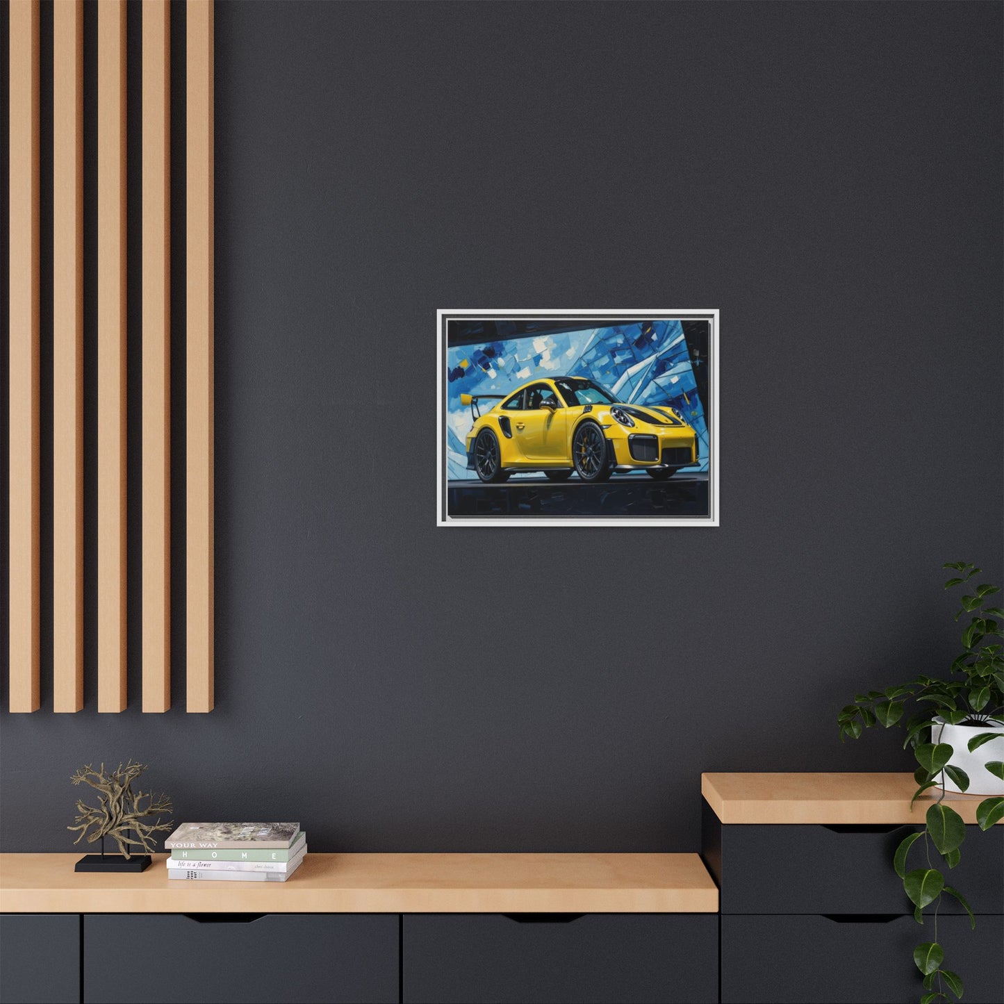 Yellow Porsche Sports Car Matte Framed Canvas – Modern Automotive Wall Art