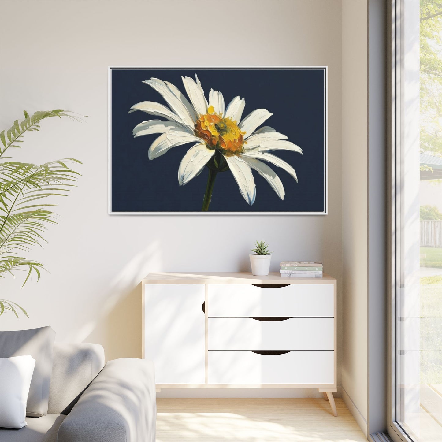 Framed Matte Canvas Daisy Wall Art — White Floral Painting on Navy