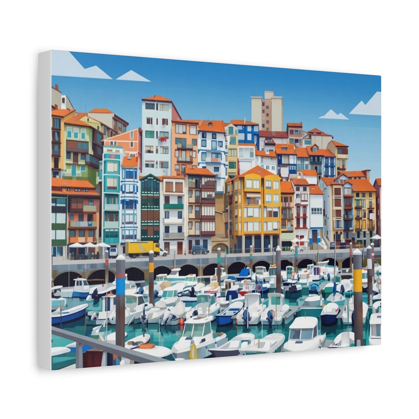 Colorful Coastal Harbor Matte Canvas Print — Stretched Wall Art